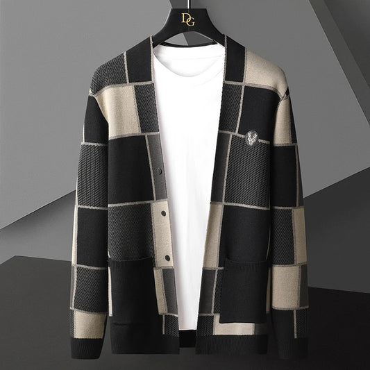 Luz de luxo alto sentido cabeça veado bordado tricô cardigan masculino 2022 outono nova moda coreana treliça casual camisola casaco