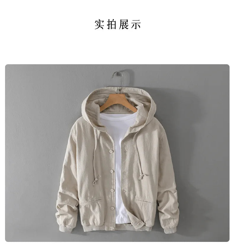 2024 Men's Autumn New Linen Casual Hooded Jacket Youth Trendy Cotton and Linen Jacket