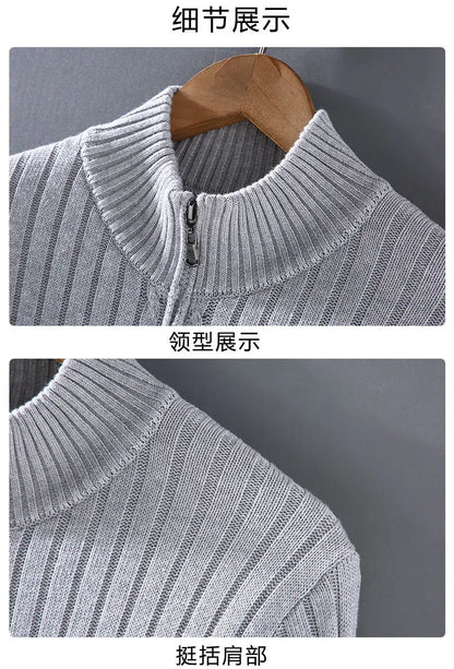 Autumn Winter New Men Sweaters Daily Causal Stand Collar Zipper Sweater Coat 100% Cotton Thickened Knitted Cardigan Streetwear