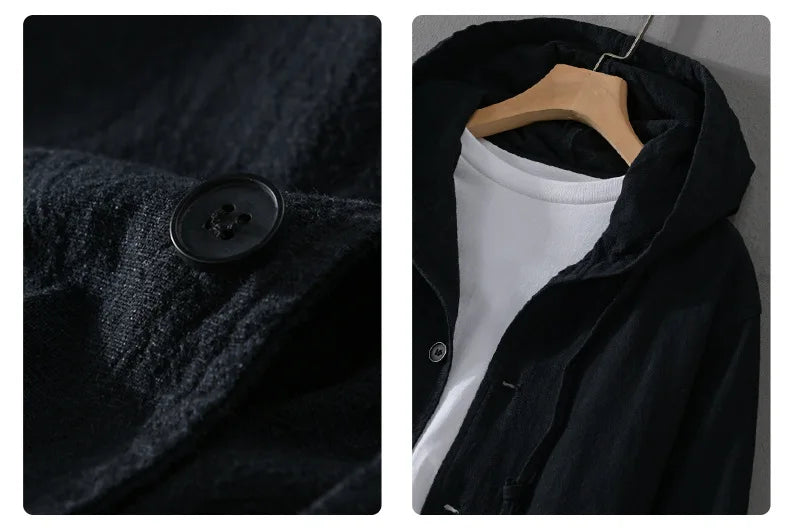 2024 Men's Autumn New Linen Casual Hooded Jacket Youth Trendy Cotton and Linen Jacket