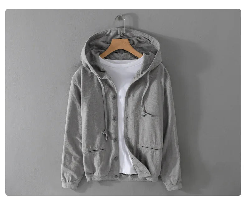 2024 Men's Autumn New Linen Casual Hooded Jacket Youth Trendy Cotton and Linen Jacket