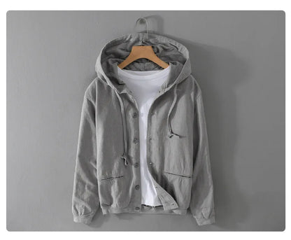 2024 Men's Autumn New Linen Casual Hooded Jacket Youth Trendy Cotton and Linen Jacket