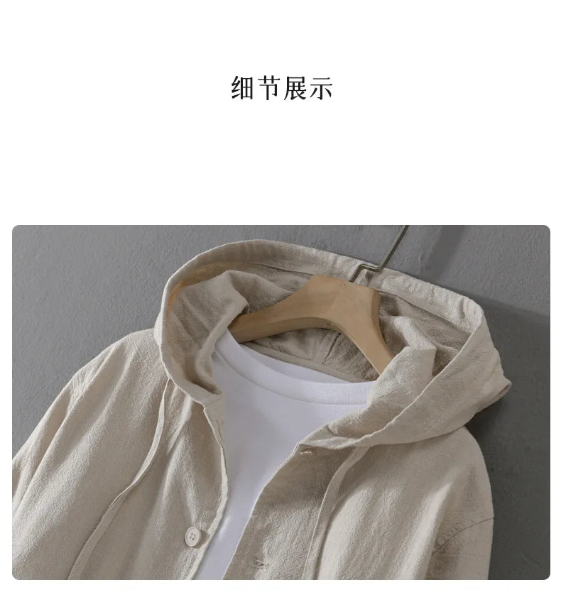 2024 Men's Autumn New Linen Casual Hooded Jacket Youth Trendy Cotton and Linen Jacket