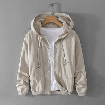 2024 Men's Autumn New Linen Casual Hooded Jacket Youth Trendy Cotton and Linen Jacket